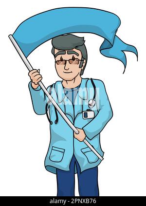 Älterer Arzt mit grauen Haaren, Brille, blauem Laborkittel, Stethoskop am Hals, mit silbernem Fahnenmast und blauem Tuch. Vorlage im Cartoon-Stil. Stock Vektor