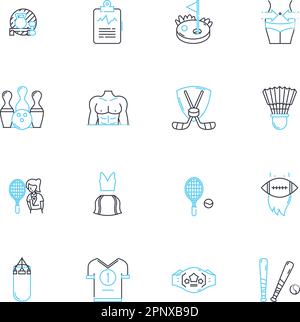 Lineare Symbole für die Wiederherstellung festgelegt. Radfahren, Camping, Wandern, Angeln, Skifahren, Bootsfahrten, Schwimmlinienvektor und Konzeptschilder. Surfen, Kajakfahren, Golf Stock Vektor