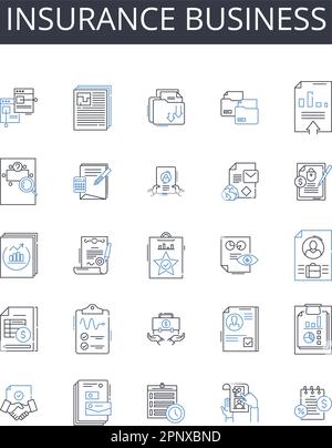 Symbolsammlung für Geschäftsbereiche Versicherungen. Underwriting, Assurance, Coverage, Indemnity, Policy, Schutz, Aktuarvektor und lineare Darstellung Stock Vektor