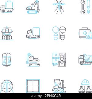 Lineare Symbole für ausufernde Vororte gesetzt. Ausuferung, Urbanisierung, Expansion, Entwicklung, Unterteilungen, Ballungsräume, Pendlerstreckenvektoren und Konzeptschilder Stock Vektor