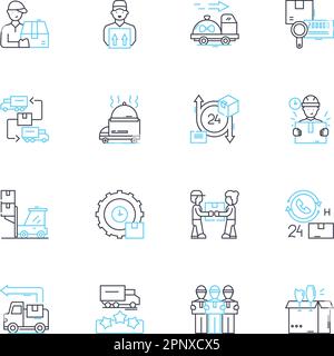 Lineare Symbole für Speichereinrichtung eingestellt. Schließfächer, Lager, Einheiten, Depot, Safes, Organizer, Dachlinienvektor und Konzeptschilder. Tresor, Container, Truhen Stock Vektor