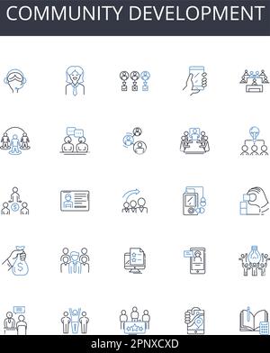 Community Development Line Icons Kollektion. Umweltschutz, Wirtschaftswachstum, soziale Verantwortung, Kulturaustausch, Bildungsreform Stock Vektor