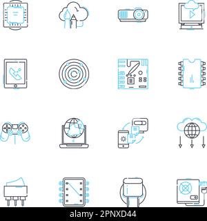 Lineare Symbole für mobile Diagramme festgelegt. Smartphs, Touchscreen, Apps, Android, iOS, Batterie, Kameralinienvektor und Konzeptschilder. Speicher, Konnektivität, G-Kontur Stock Vektor