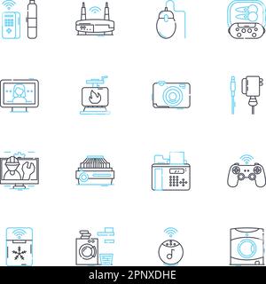 Elektronikinnovationen linearer Symbolsatz. Elektromagnetismus, Nanotechnologie, Cybernetik, Biometrie, Robotik, Mikrocontroller, Quantenlinienvektor und Stock Vektor