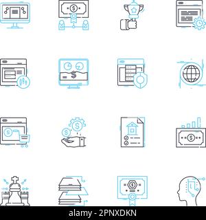 Lineare Symbole für Markttrends. Konsumerismus, Innovation, Globalisierung, Digitalisierung, Nachhaltigkeit, Personalisierung, Urbanisierung Linienvektor und Stock Vektor