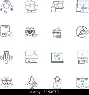 Symbolsammlung für elektronische Geräte. Smartph, Tablet, Notebook, Desktop, Smartwatch, Kopfzeichen, Ohrstöpsel, Vektor und lineare Illustration. Lautsprecher Stock Vektor