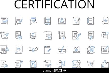 Symbolsammlung für Zertifizierungslinien. Genehmigung, Akkreditierung, Authentifizierung, Autorisierung, Bestätigung, Bestätigung, Erkennungsvektor und linear Stock Vektor