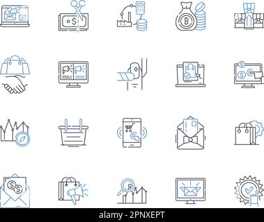 Symbolsammlung für Handelsposten und Payscheckpositionen. Commerce, Exchange, Marketplace, Schnäppchen, Transaktion, Währung, Verhandlungsvektor und linear Stock Vektor