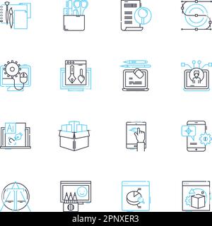 Lineares Symbolset für Art Studio. Kreativität, Leinwand, Farben, Staffelei, Palette, Pinsel, Inspirationslinienvektor und Konzeptschilder. Skulptur, Galerie, Farbe Stock Vektor