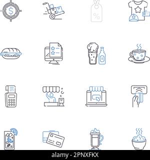 Symbolsammlung für Online-Shops. E-Commerce, Einzelhandel, Shopping, Kaufen, Kauf, Checkout, Korbvektor und lineare Darstellung. Verkauf, Rabatt, Bestand Stock Vektor