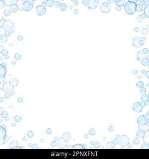 Aquarell gezeichneter Rahmen aus verschiedenen Größen, blaue Luftblasen auf weißem Hintergrund. Transparentes, realistisches Bild zur Illustration, Aufkleber, Logo Stockfoto