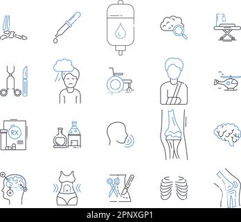 Symbolsammlung für Gesundheitssystem. Versicherung, Prävention, Diagnose, Behandlung, Chirurgie, Arzt, Krankenhausvektor und lineare Darstellung Stock Vektor