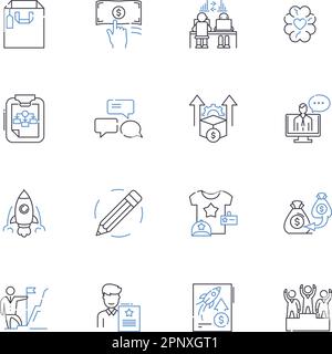 Symbolsammlung für Angebotspositionen. Angebot, Verkauf, Verlosung, Gratisaktion, Werbeaktion, Schnäppchen, Rabattvektor und lineare Darstellung. Kostenlos, Sonderangebot Stock Vektor