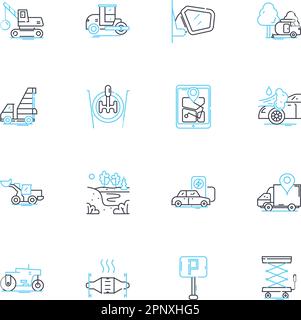 Fahrzeugzubehör Linearsymbolsatz. Spoiler, Innenraum, Aufkleber, Dachgepäckträger, Bodenmatten, Schmutzfänger, Sitzbezüge, Linienvektor und Konzeptschilder. Anhängekupplung Stock Vektor