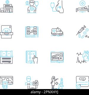 Lineare Symbole für Sanatorium festgelegt. Isolation, Asyl, Rehabilitation, Therapie, Ruhe, Reparatur, Rückzugslinienvektor und Konzeptzeichen. Einsamkeit, Ruhe Stock Vektor