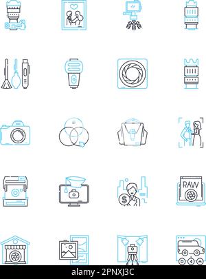 Lineare Symbole für Verkaufsfotos eingestellt. Handel, Grafik, Werbung, Werbung, Katalog, Marketing, auffällige Linienvektoren und Konzeptschilder Stock Vektor