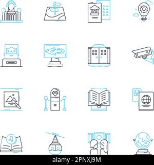Lineare Symbolgruppe für akademische Konferenzen. Nerking, Präsentation, Forschung, Diskussion, Papier, Fenster, Linienvektor für Veröffentlichungen und Konzeptzeichen Stock Vektor