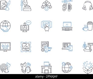 Sammlung der Zeilensymbole des Übersetzers. Sprache, Dolmetschen, Linguistik, Mehrsprachig, Dolmetschen, Kommunikation, Vektor verschieben und linear Stock Vektor