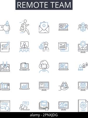 Symbolsammlung für Remote Team Line. Virtuelles Personal, entfernte Gruppe, externes Team, weit entfernte Crew, Online-Personal, Geografisch verteilte Einheit Stock Vektor