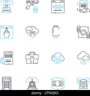 Lineare Symbole für künstliche Sicherheit. Cybersicherheit, Verschlüsselung, Authentifizierung, Malware, Passwörter, Nerk, Hacker verlaufen Vektor- und Konzeptschilder Stock Vektor
