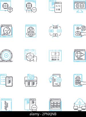 Lineare Symbole für Techniker eingestellt. Experte, Qualifiziert, Geschult, Professionell, Erfahren, Analytische, präzise Linienvektoren und Konzeptzeichen. Einfallsreich Stock Vektor