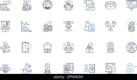 Symbolsammlung für Steuerpositionen. Haushalt, Einnahmen, Ausgaben, Steuern, Defizit, Überschuss, Prüfvektor und lineare Darstellung. Inflation, Schulden Stock Vektor