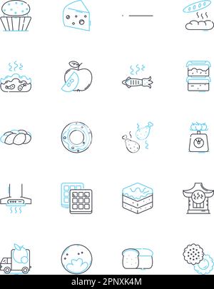 Lineare Symbole für Küchen. Gadgets, Kochgeschirr, Backgeschirr, Besteck, Utensilien, Geräte, Mischschüsseln Linienvektor und Konzeptschilder. Gräser, Peeler Stock Vektor