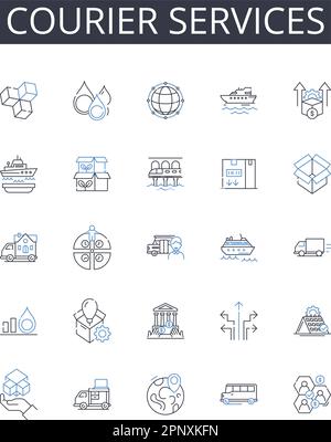 Symbolsammlung für Kurierdienste. Frachtzustellung, Versandunternehmen, Pakettransporte, Sendungsabwickler, Expresssendungen, Lieferstellen Stock Vektor