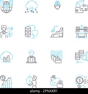 Lineare Symbole für Wirtschaftsindikatoren festgelegt. Inflation, Beschäftigung, BIP, Zinssätze, Konsumausgaben, Börse, Sparlinienvektor und Konzept Stock Vektor