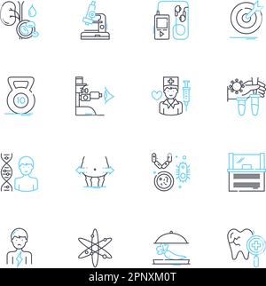 Medizinische Versorgung lineares Symbolset. Wellness, Behandlung, Ärzte, Krankenschwestern, Medizin, Diagnose, Präventionslinienvektor und Konzeptzeichen Stock Vektor