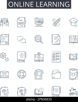 Symbolsammlung für den Online-Lernbereich. E-Learning, webbasiert, interaktiver Unterricht, Fernunterricht, virtuelle Klassenzimmer, Digitale Anweisung Stock Vektor