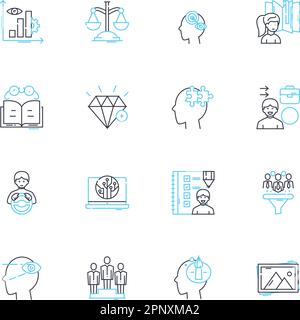 Futuristische Gemeinschaften Lineare Symbole gesetzt. Utopie, Cyberpunk, Dystopie, Nachhaltigkeit, Fortschritt, Innovation, künstliche Intelligenz Linienvektor und Stock Vektor