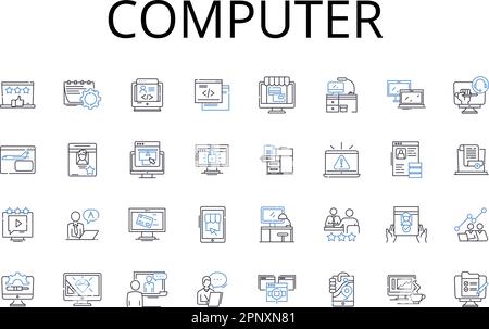 Symbolsammlung für Computerzeilen. Laptop, Desktop, Computer, Workstation, Prozessor, System, Gerätevektor und lineare Darstellung. Technologie, PC, Server Stock Vektor