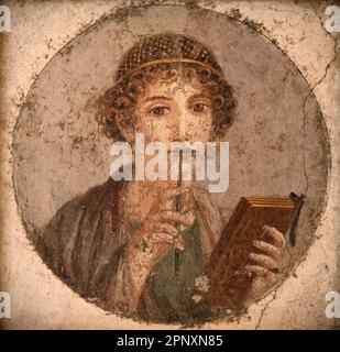 Fresko-Porträt einer Frau aus den Ruinen von Pompeji, dem antiken Rom, Italien Stockfoto