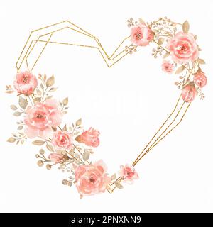 Aquarell Pink und Florals Herzrahmen. Blätter und Blumen goldener Herzrahmen. Hochzeitseinladung. Blattklischees. Blumenkranz arrangiert Stockfoto