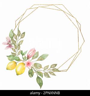 Handgezeichneter Rundkranz aus Aquarell-Zitrone mit Blumen und Blättern. Aquarelle Illustration Kranz aus Zitrone und Blättern Stockfoto