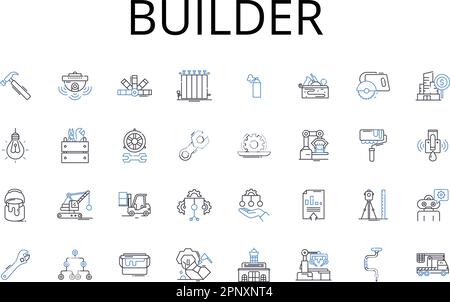 Symbolsammlung für Builder-Zeilen. Architekt, Baumeister, Auftragnehmer, Handwerker, Hersteller, Hersteller, Producer-Vektor und lineare Darstellung Stock Vektor