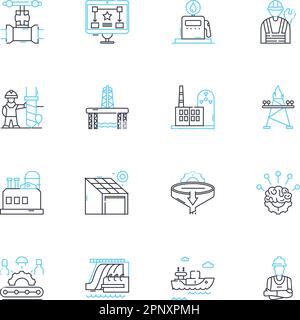 Linearer Symbolsatz für Industrieanlagen. Fertigung, Z, Industrialisierung, Fabriken, Lagerhäuser, Verkehrszeichen, Infrastrukturlinien-Vektor und Konzeptschilder Stock Vektor