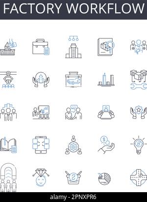 Symbolsammlung für werkseitige Workflow-Linien. Unternehmensverfahren, Geschäftsstruktur, Organisationsprozess, Unternehmensabläufe, Unternehmensmethodik Stock Vektor