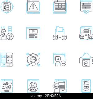 Lineare Symbole für Techniker eingestellt. Experte, Qualifiziert, Geschult, Professionell, Erfahren, Analytische, präzise Linienvektoren und Konzeptzeichen. Einfallsreich Stock Vektor