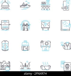 Lineare Symbole für Arbeitsausflüge festgelegt. Abenteuer, Teambildung, Nerking, Spaß, Bindung, Lern-, Produktivitäts-Liniendiagramm- und Konzeptschilder. Entspannung Stock Vektor