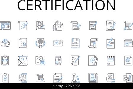 Symbolsammlung für Zertifizierungslinien. Genehmigung, Akkreditierung, Authentifizierung, Autorisierung, Bestätigung, Bestätigung, Erkennungsvektor und linear Stock Vektor