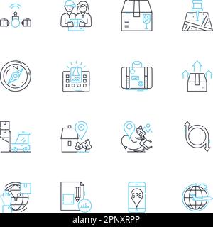 InterContinental Mobility – Lineare Symbole. Migration, Umsiedlung, Emigration, Einwanderung, Transnationalismus, Diaspora, Nomadismus-Linienvektor und Stock Vektor