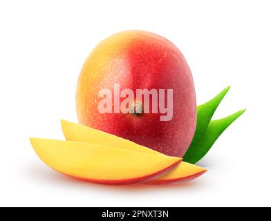 Isolierte Mangofrüchte. Ganze Mangoblätter und Scheiben mit Blättern auf weißem Hintergrund mit Schnittpfad Stockfoto