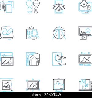 Urban Art – Lineare Symbole. Graffiti, Street Art, Wandbilder, Anhänger, Schablonen, Paste-Ups, Wheatpasting Linienvektor und Konzeptzeichen. Aerosol, Sprühfarbe Stock Vektor