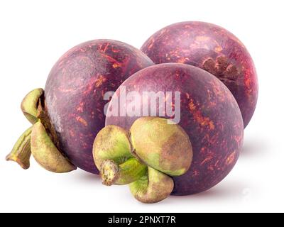 Isolierte Mangostane. Drei ganze Mangostanfrüchte, isoliert auf weißem Hintergrund mit Schnittpfad Stockfoto