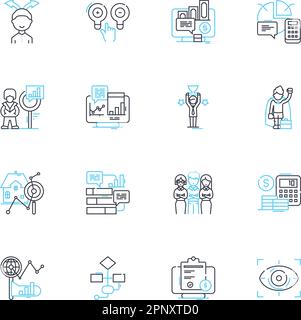 Abbildungen und Diagramme Satz linearer Symbole. Diagramme, Diagramme, Diagramme, Statistiken, Daten, Infografiken, visuelle Linienvektoren und Konzeptzeichen. Darstellungen, Tabellen Stock Vektor