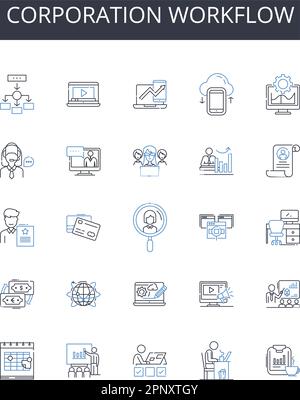 Symbolsammlung für Unternehmens-Workflow-Zeilen. Unternehmensprozess, Geschäftsbetrieb, Unternehmensmechanismus, Organisationsverfahren, Firmenprotokoll Stock Vektor