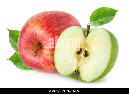 Isolierte Äpfel. Rote Apfelfrucht mit grüner Hälfte isoliert auf weißem Hintergrund, mit Schnittpfad Stockfoto