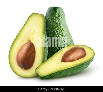 Isolierte Avocados. Eine Avocado mit halber Isolierung auf weißem Hintergrund und Beschneidungspfad Stockfoto